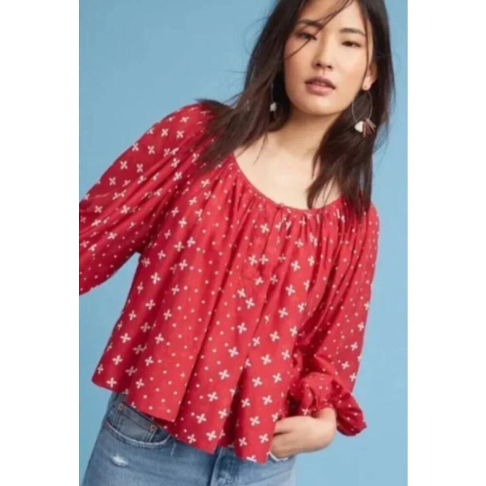 ANTHROPOLOGIE 'Luma' Peasant Top by KOPAL in RED/WHITE MOTIF (L)